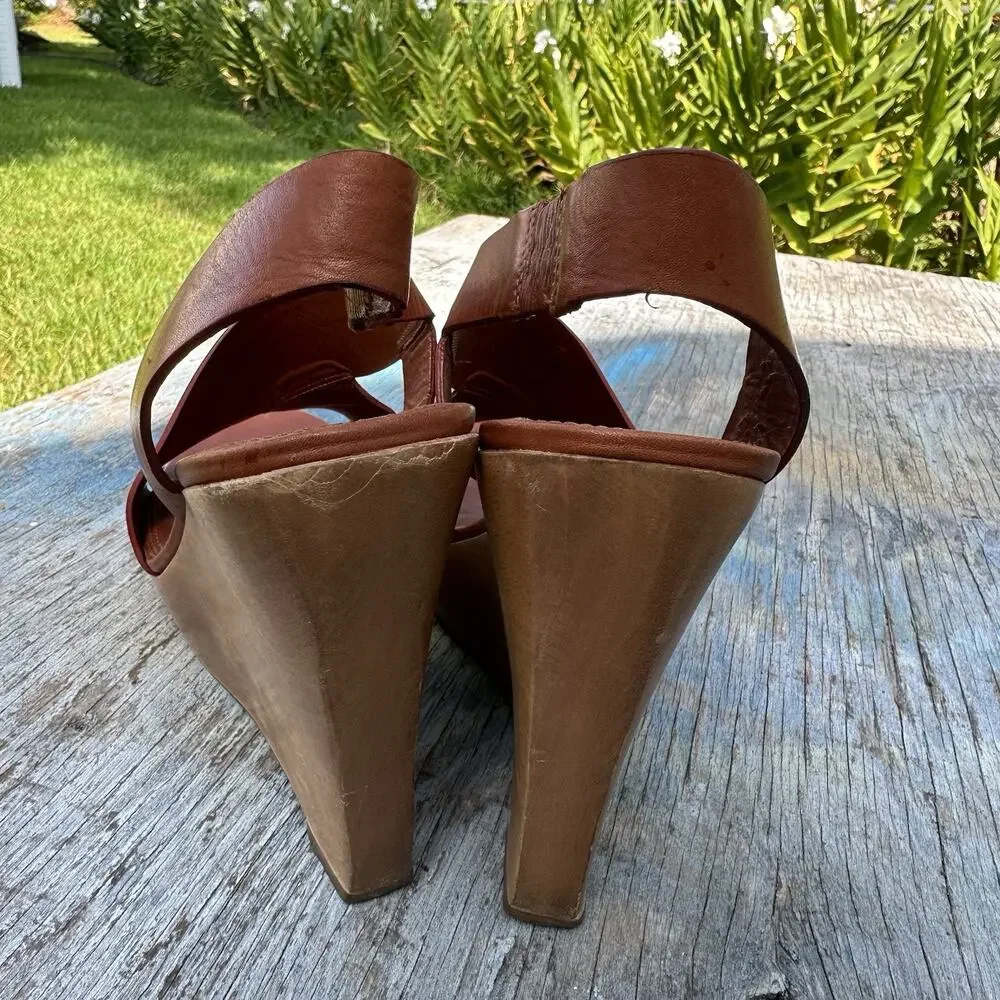 Diane Von Furstenberg Camel Wood Wedge Crossover Heels Women’s 9.5 - 999